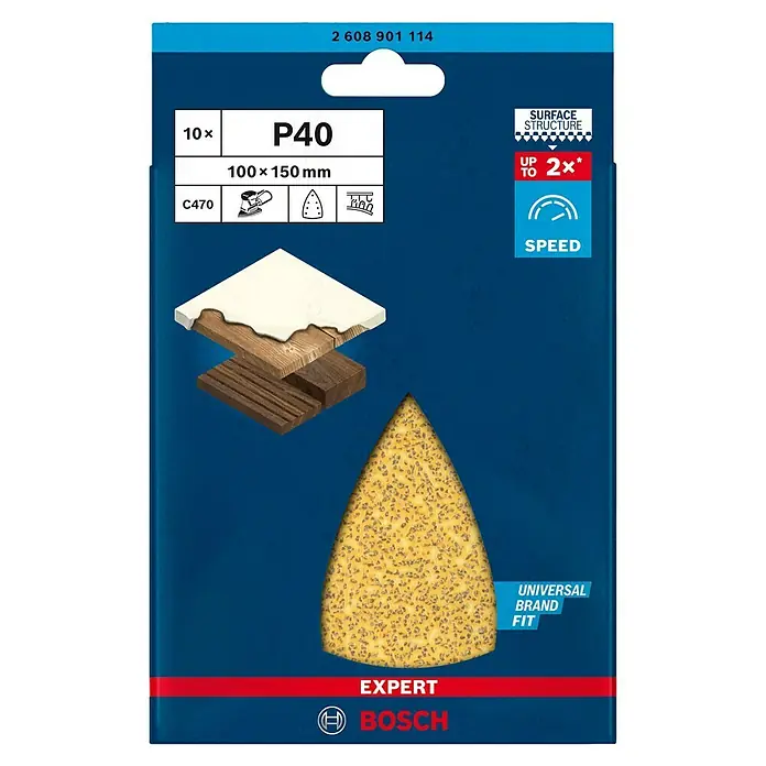 Bosch Expert Delta-Schleifpapier C470 - Körnung: 40, 10 Stk. - Abbildung einer Bosch Expert Schleifpapierpackung P40, 10 Stück mit 100x150mm Größe, ideal zum Schleifen von Oberflächen.