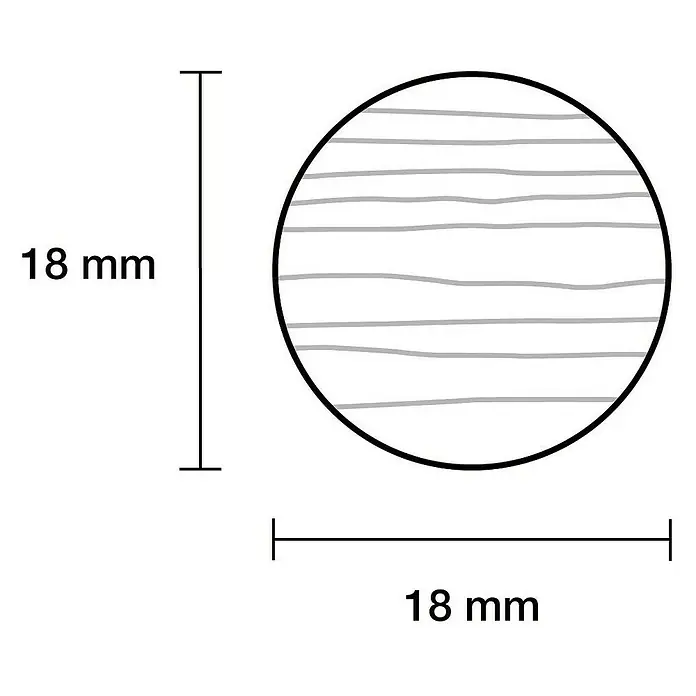 Rundstab I - Ø x L: 18 mm x 1 m, Buche, Glatt - Illustration eines runden Holzknopfes mit einem Durchmesser von 18 mm, der die Holzmaserung zeigt.