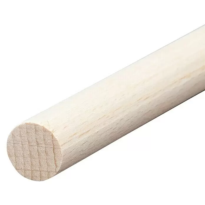 Rundstab I - Ø x L: 22 mm x 1 m, Buche, Glatt - Helle Holzdübelstange mit glatter Oberfläche und Hirnholzmaserung am runden Ende.