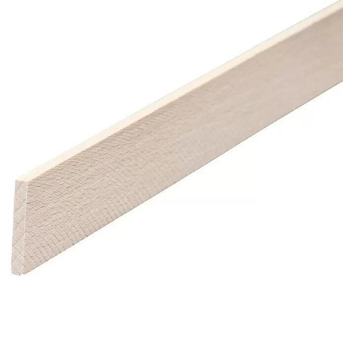 Rechteckleiste - 100 cm x 19 mm x 3 mm, Buche - Hellholzige, unbehandelte Holzlatte mit sichtbarer Maserung, schräg im Bild positioniert.