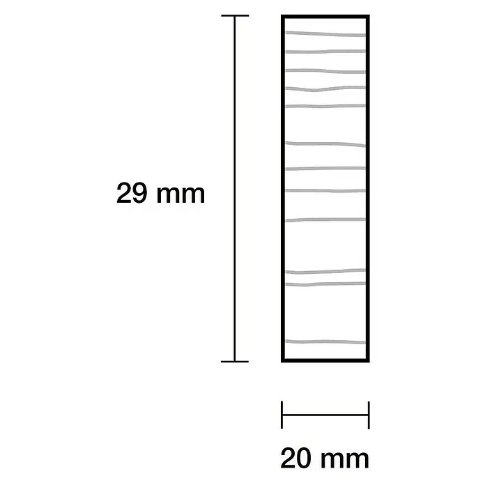 Rechteckleiste - 100 cm x 29 mm x 20 mm, Buche - Abbildung eines Holzstücks mit den Maßen 29 mm Höhe und 20 mm Breite, ideal für Modellbau und Bastelprojekte.