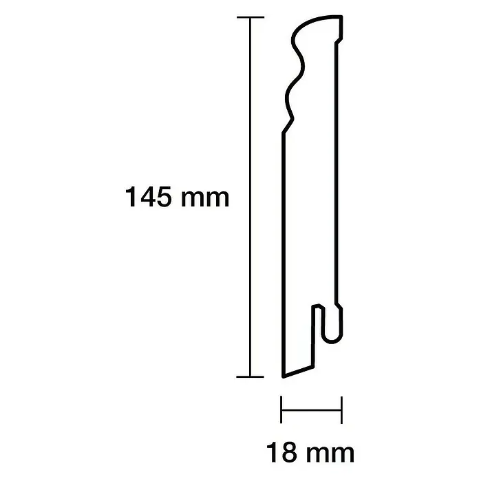 Sockelleiste - 244 x 1,8 x 14,5 cm, MDF, Beschichtet, Profiliert - Abbildung eines Sockelleistenprofils mit den Maßen 145 mm Höhe und 18 mm Breite.