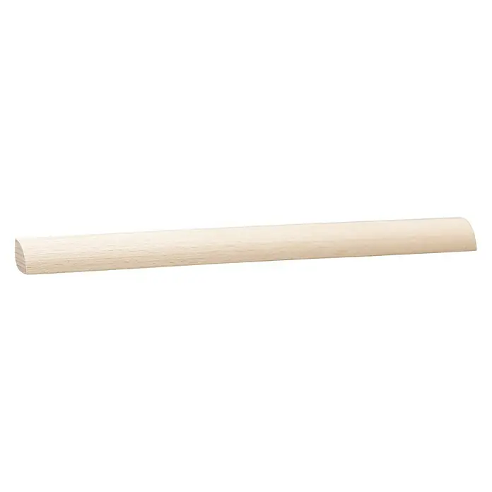 Viertelstab - 100 cm x 14 mm x 14 mm, Buche - Nahaufnahme einer hellen, abgerundeten Holzleiste, ideal für dekorative Zwecke oder als Abschluss. Die natürliche Maserung ist leicht erkennbar.