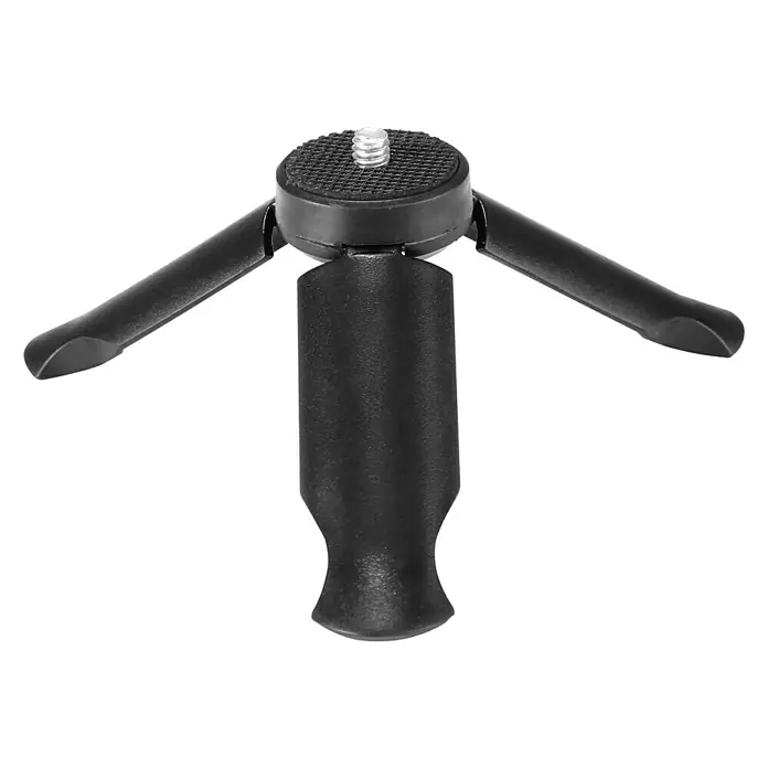 Voltomat Smartphone-Halter 3-Achsen-Gimbal - Schwarz, Höhe: 29,1 cm - Nahaufnahme eines kleinen schwarzen Tischstativs mit drei Beinen und einem Schraubkopf für Kameras und Smartphones.