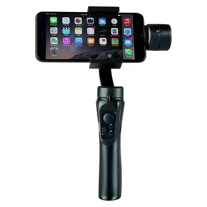 Voltomat Smartphone-Halter 3-Achsen-Gimbal - Schwarz, Höhe: 29,1 cm - Schwarzes Smartphone horizontal auf einem schwarzen Handheld-Gimbal mit Bedientasten montiert.