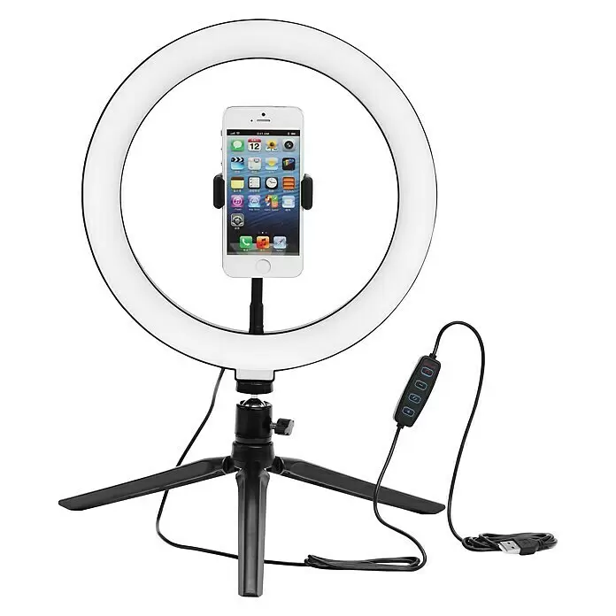 Voltomat Smartphone-Halter Selfie Ring Light - Weiß, USB A-Stecker - Weißes Ringlicht mit schwarzem Telefonhalter und Mini-Stativ. Eine Kabelfernbedienung ist am Stromkabel sichtbar.