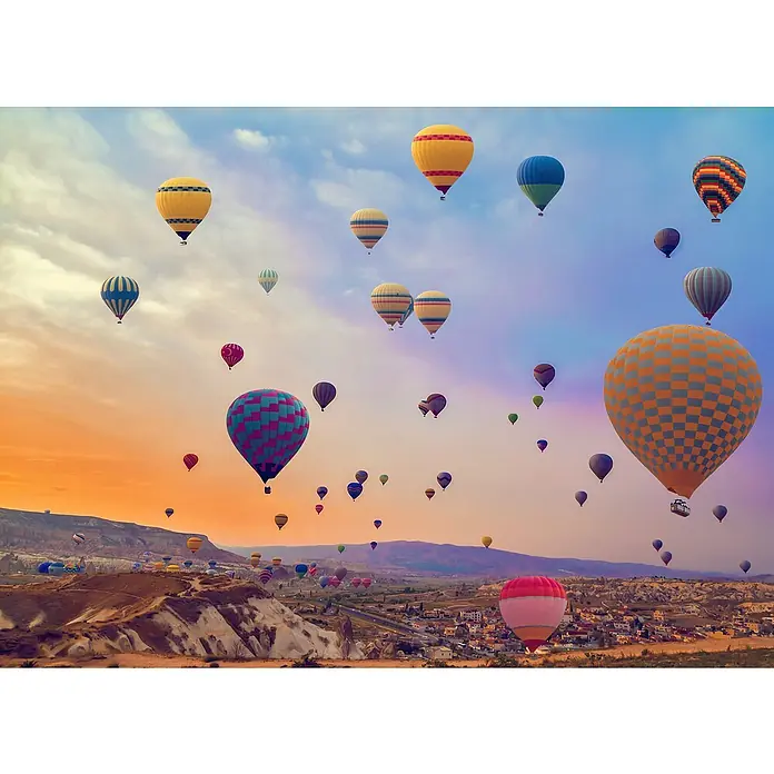 Voltomat Smartphone-Halter 3-Achsen-Gimbal - Schwarz, Höhe: 29,1 cm - Viele Heißluftballons schweben im Himmel über einer malerischen Landschaft, ein farbenfrohes und atemberaubendes Schauspiel.