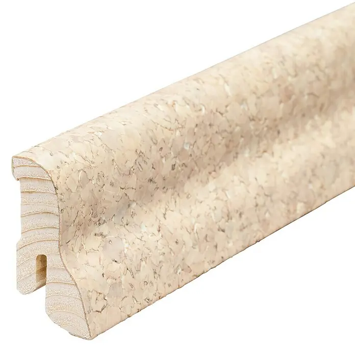 Sockelleiste - 240 cm x 22 mm x 40 mm, Kork fein Creme - Ein Detailaufnahme einer Korkbodenleiste, die die Textur und das Design des Produkts hervorhebt. Perfekt für stilvolle Innenräume.