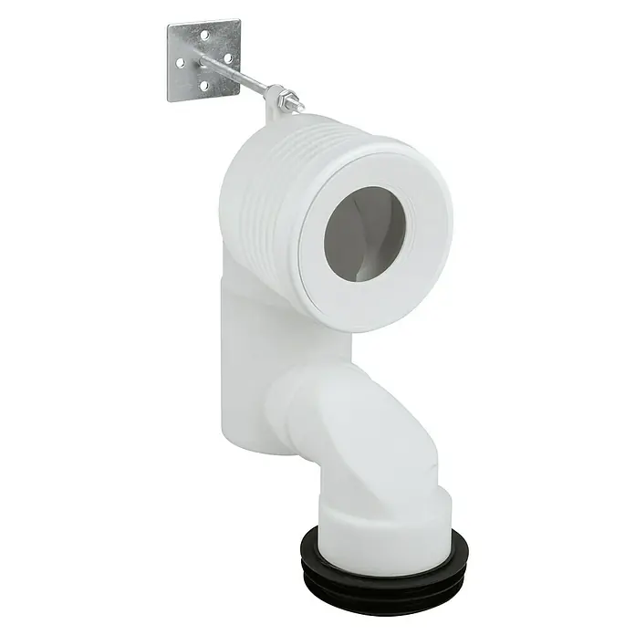 Grohe WC-Abgangsstutzen - Einbautiefe: 200 mm - 250 mm - Das Bild zeigt einen weißen WC-Anschlussbogen mit Wandbefestigung, ideal für moderne Badezimmerinstallationen.