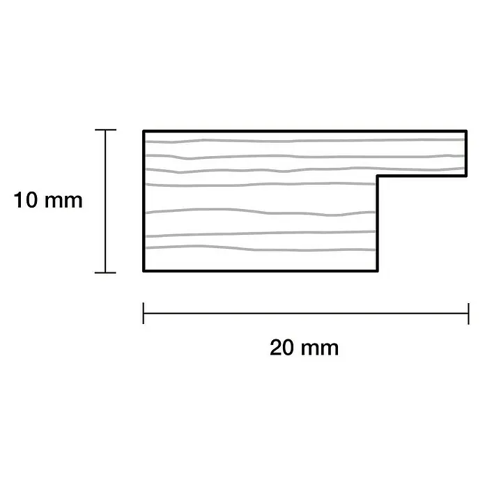 Falzleiste - 100 cm x 20 mm x 10 mm, Buche - Profilansicht einer 20 x 10 mm großen Holzleiste mit einer Aussparung. Ideal für Rahmen oder dekorative Zwecke, mit deutlicher Holzstruktur.