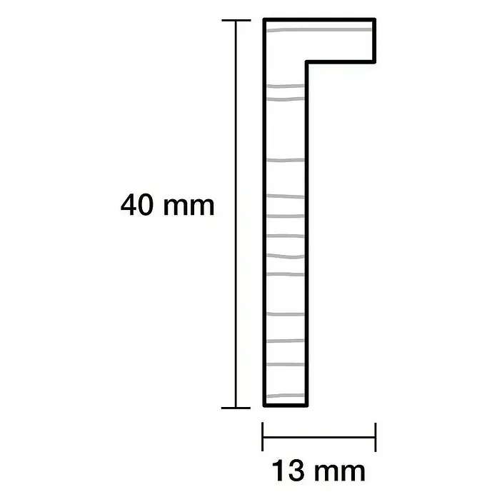 Falzleiste - 100 cm x 40 mm x 13 mm, Buche - Abbildung eines L-förmigen Profils mit den Maßen 40 mm in der Höhe und 13 mm in der Breite. Ideal für Konstruktions- und Designprojekte.