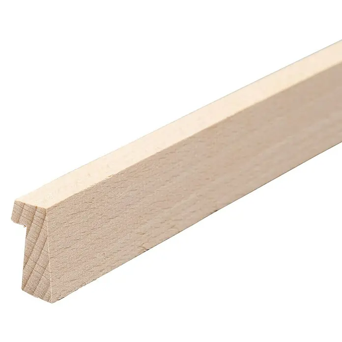 Falzleiste - 100 cm x 22 mm x 12 mm, Buche - Nahaufnahme eines hellen, unbehandelten Holzrahmens, ideal für Leinwände oder Bilder. Die schlichte Form betont das natürliche Material.
