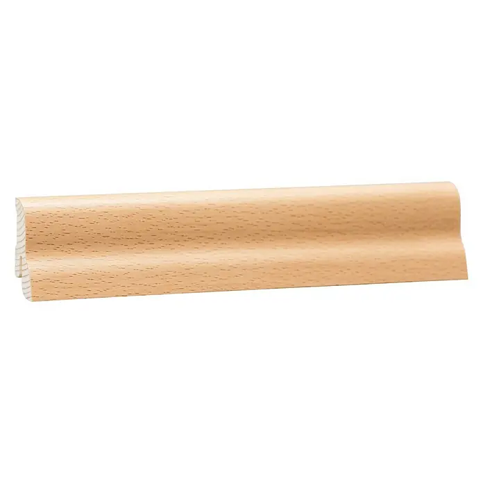 Sockelleiste - 240 x 2,2 x 4,2 cm, Buche - Ein Detailaufnahme einer Holzfußleiste. Die natürliche Holzmaserung und die abgerundeten Kanten sind gut sichtbar.