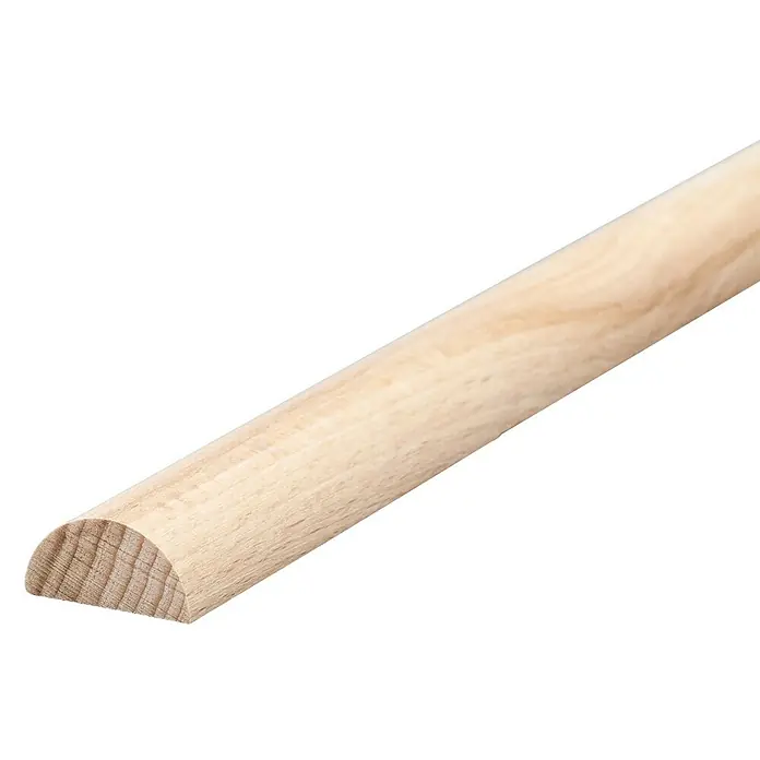 Halbrundstab - 100 cm x 20 mm x 10 mm, Buche - Nahaufnahme einer halbrunden Holzleiste, ideal für Heimwerkerprojekte und dekorative Akzente. Die Leiste ist unbehandelt und bereit zur Bearbeitung.
