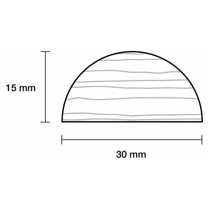 Halbrundstab - 100 cm x 30 mm x 15 mm, Buche - Illustration eines Halbkreises mit Holzmaserung und Bemaßungen für Höhe (15mm) und Breite (30mm).