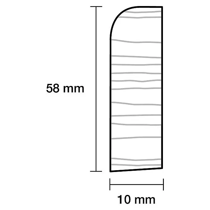 Sockelleiste - 240 x 1 x 5,8 cm, Kiefer, Weiß - Weißes, rechteckiges Profil mit einer abgerundeten oberen Ecke, schräger Unterkante und grauen horizontalen Linien, 58 mm hoch und 10 mm breit.