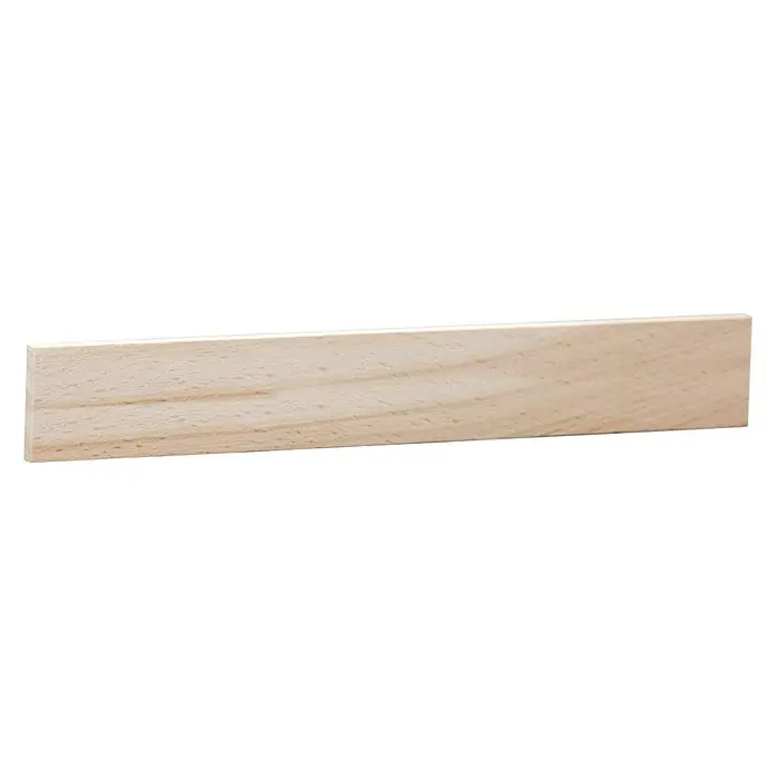 Rechteckleiste - 100 cm x 30 mm x 5 mm, Buche - Nahaufnahme eines hellen Holzstücks mit sichtbarer Maserung, ideal für Bastelprojekte oder als natürliches Dekorationselement.