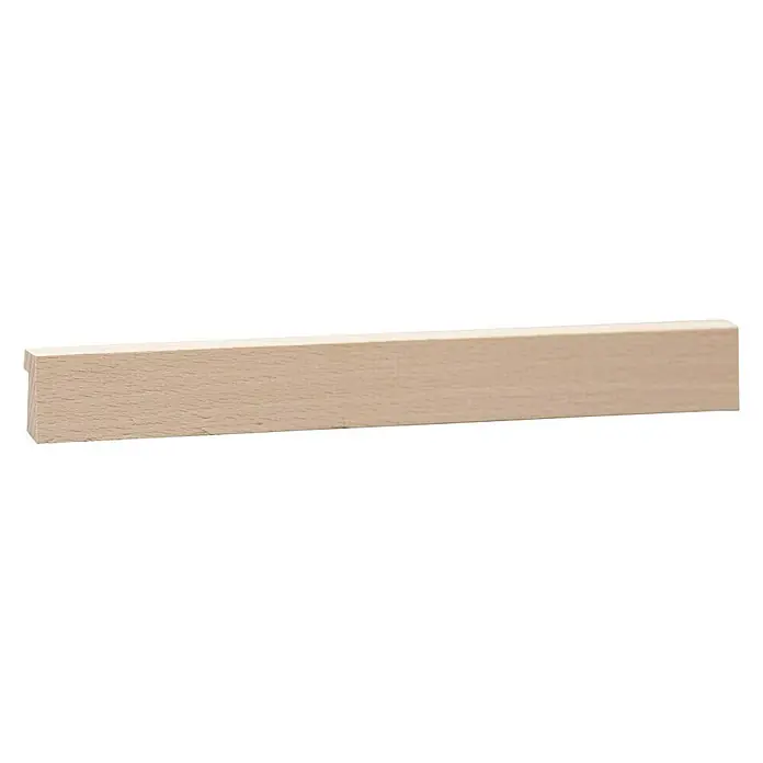 Falzleiste - 100 cm x 22 mm x 12 mm, Buche - Holzleiste: Eine rechteckige, helle Holzleiste mit leicht abgerundeten Kanten auf einem schwarzen Hintergrund für Bau- oder Dekorationsprojekte.