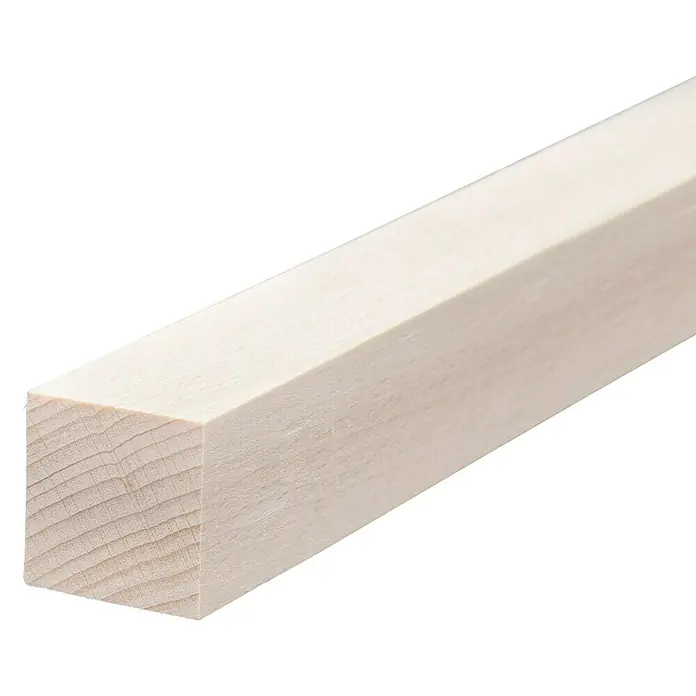 Quadratleiste - 100 cm x 22 mm x 22 mm, Buche - Nahaufnahme eines unbehandelten, quadratischen Holzstabes mit sichtbarer Holzmaserung auf schwarzem Hintergrund.