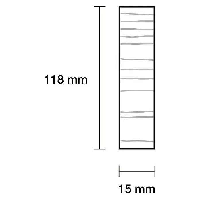 Rechteckleiste - 90 cm x 118 mm x 15 mm, Kiefer - Abbildung eines Holzstücks mit den Maßen 118 mm Höhe und 15 mm Breite, das die typische Maserung des Holzes zeigt.