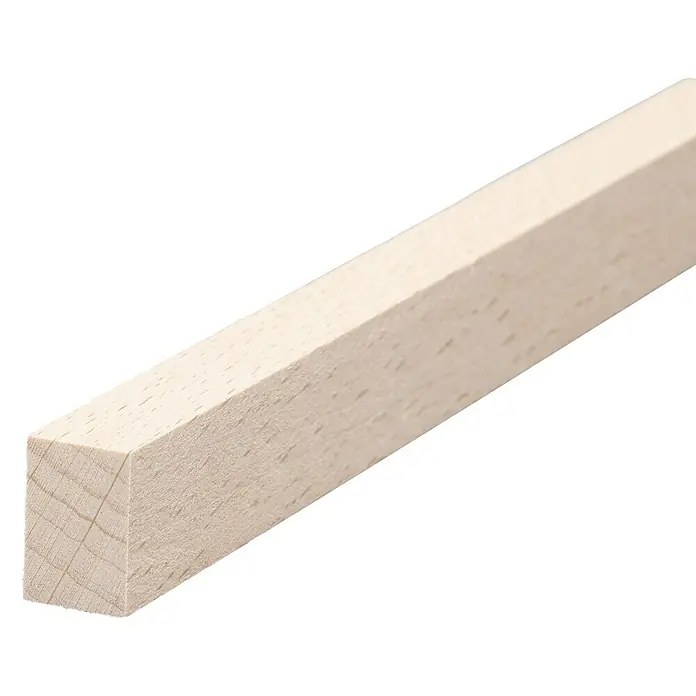 Rechteckleiste - 100 cm x 20 mm x 13 mm, Buche - Nahaufnahme eines unbehandelten, hellen Vierkantholzes vor schwarzem Hintergrund. Ideal für Modellbau und Bastelarbeiten.
