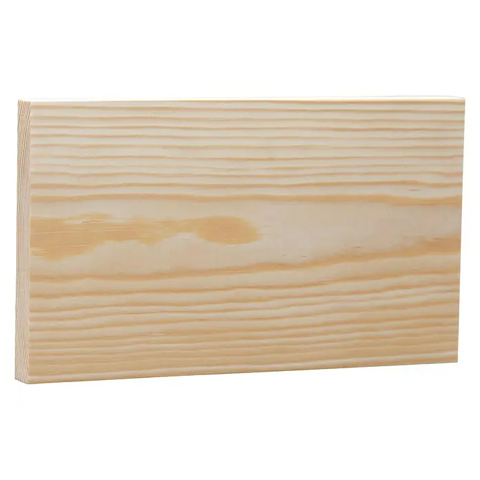 Rechteckleiste - 90 cm x 118 mm x 15 mm, Kiefer - Nahaufnahme eines hellen Holzblocks mit deutlicher Maserung, ideal für Bastelarbeiten und Dekorationen.