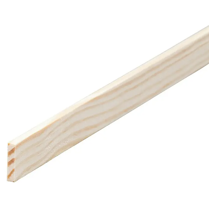 Rechteckleiste - 90 cm x 13 mm x 3 mm, Kiefer - Ein helles, unbearbeitetes Holzleiste-Produkt, das sich ideal für DIY-Projekte und Rahmen eignet. Die natürliche Maserung ist sichtbar.