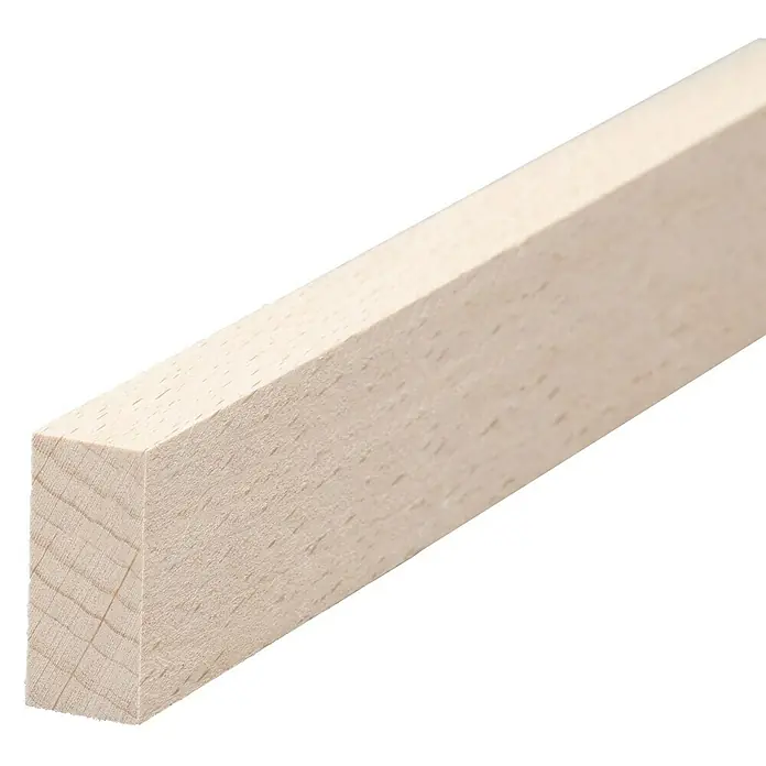 Rechteckleiste240 x 1,3 x 3 cm, Buche - Nahaufnahme eines hellen, quadratischen Holzstabes, ideal für Modellbau oder Bastelprojekte. Die feine Maserung ist gut sichtbar.