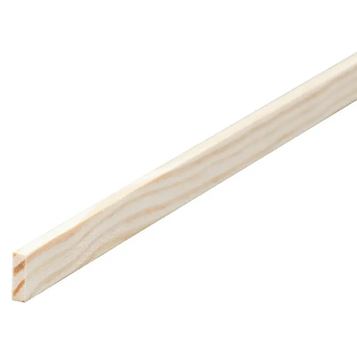 Rechteckleiste - 90 cm x 10 mm x 3 mm, Kiefer - Nahaufnahme eines hellen, unbehandelten Holzrahmens. Ideal für DIY-Projekte und zur individuellen Gestaltung von Leinwänden.