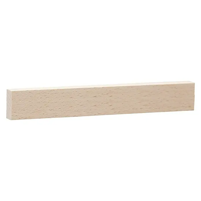 Rechteckleiste240 x 1,3 x 3 cm, Buche - Ein rechteckiger Holzstab aus hellem Holz, ideal für Bastelarbeiten und Modellbau. Die natürliche Maserung ist gut sichtbar.