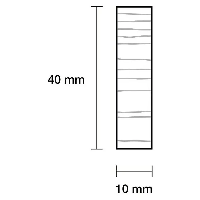 Rechteckleiste - 100 cm x 40 mm x 10 mm, Buche - Abbildung eines Produkts mit den Maßen 40 mm Höhe und 10 mm Breite, dargestellt in einer technischen Zeichnung.
