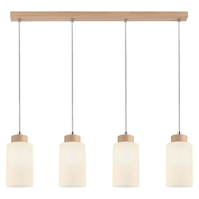 Spotlight Pendelleuchte Bosco60 W, L x B x H: 75 x 9,5 x 110 cm, Geölte Eiche/Transparent/Weiß, E27 - Elegante Pendelleuchte mit vier Lampen. Die Lampen haben einen Schirm aus Milchglas und sind an einem Holzbalken befestigt.