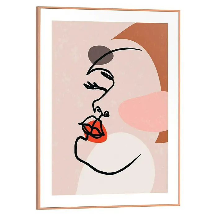 Reinders Bild Slim Frame Wood - Face Patterns, B x H: 30 x 40 cm - Dieses Bild zeigt eine minimalistische Kunst, die ein abstraktes Frauengesicht mit kühnen Linien und farbigen Akzenten darstellt, gerahmt und fertig zum Aufhängen.