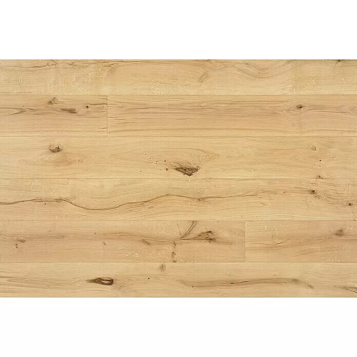 Parkett - Eiche Laura, Landhausdiele, 2.200 x 240 x 15 mm - Heller Naturholzfußboden mit sichtbarer Maserung und Ästen, in horizontalen Dielen verlegt.