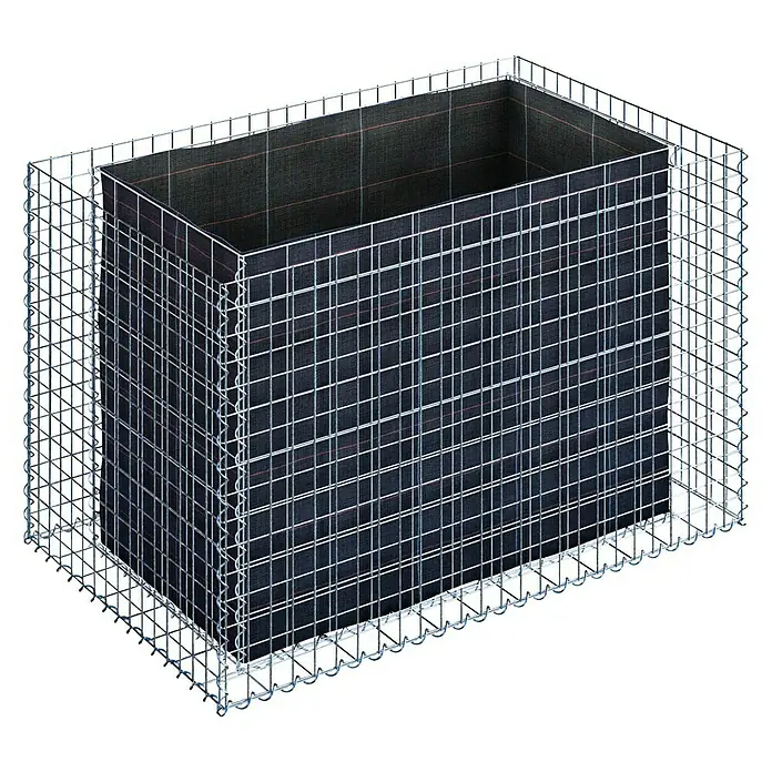 Gabiona Hochbeet 5x5 MW - 130 x 80 x 80 cm, Metall - Abbildung eines Gabionenkorbs, der mit einem schwarzen Stoff ausgekleidet ist, der ein modernes und industrielles Designelement darstellt.