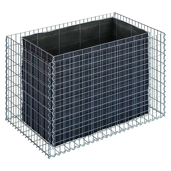 Gabiona Gabionen-Hochbeet130 x 80 x 80 cm, Metall, Maschenbreite: 50 mm, Maschenhöhe: 100 mm - Das Bild zeigt einen Gabionenkorb mit Drahtgeflecht und Innenauskleidung, ideal für Garten- und Landschaftsbau.