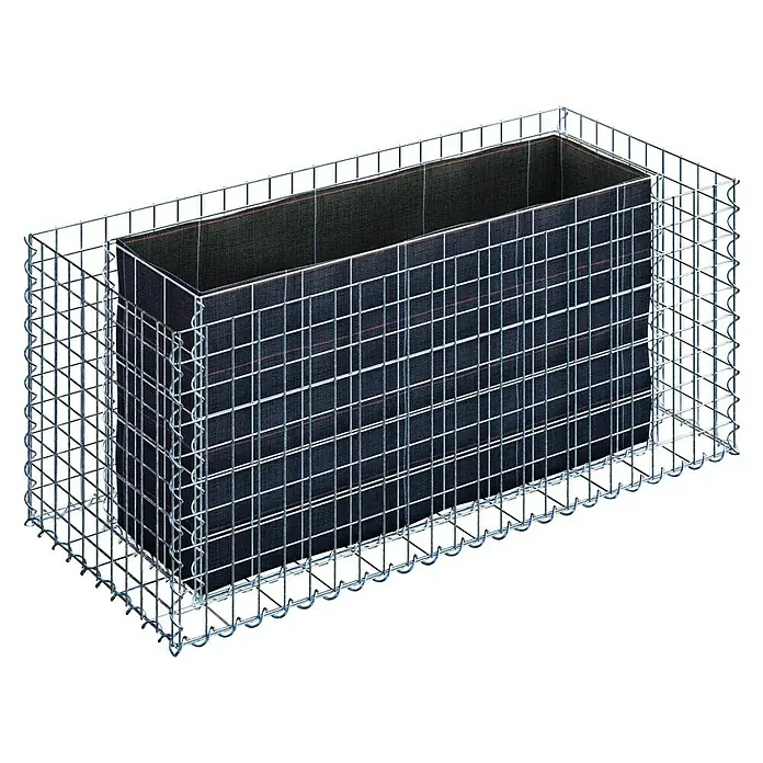 Gabiona Hochbeet 5x5 MW - 120 x 50 x 50 cm, Metall - Das Produkt ist ein Gabionen-Pflanzkasten, ein Drahtkorb mit Stoffeinsatz, ideal für Gärten und Außenbereiche zur dekorativen Bepflanzung.