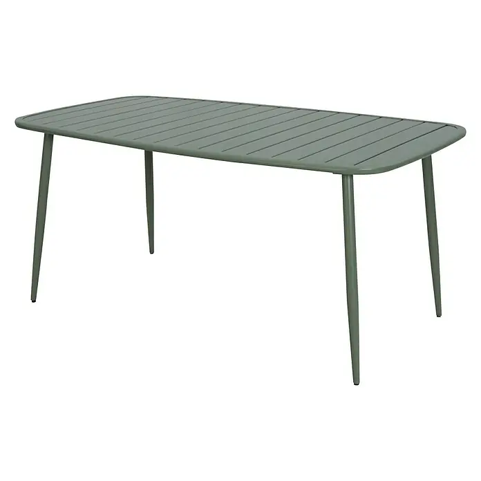 Mesa de jardín Noor - L x An x Al: 163 x 90 x 73 cm, Acero, Verde - Una mesa de jardín verde con una tapa de listones y cuatro patas destaca sobre un fondo negro. Diseño atemporal para exteriores.