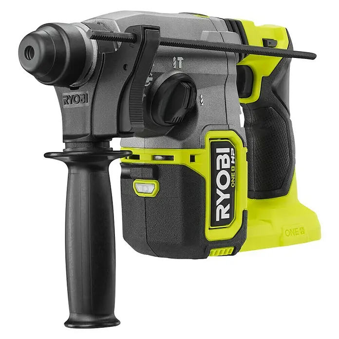 Ryobi ONE+HP Maschinenpaket - Akku-Kombihammer RSDS18X-0 + gratis Starter-Kit - Detaillierte Aufnahme eines Ryobi ONE+ HP Akku-Bohrhammers, der Leistung und Vielseitigkeit für anspruchsvolle Bohrarbeiten bietet.