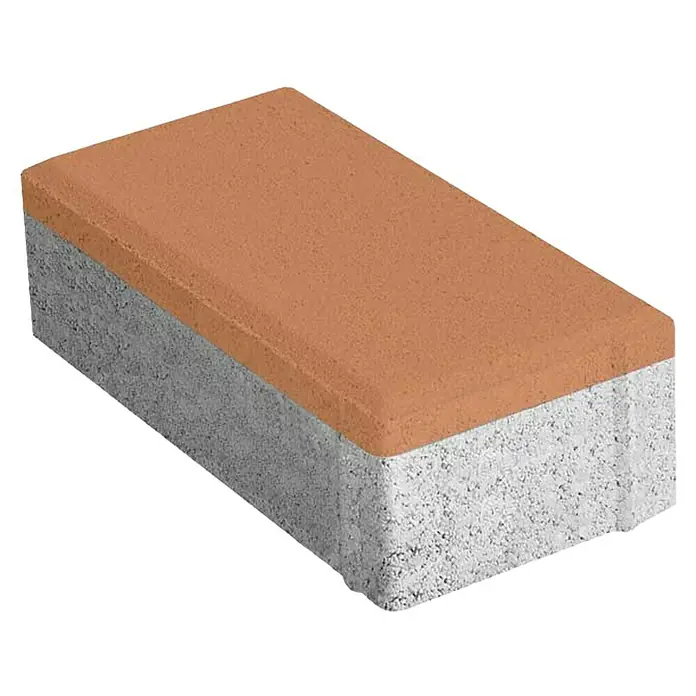 BHS Madrid Adoquín - 20 x 10 x 8 cm, Albero, Hormigón, Rectangular - Primer plano de un adoquín con una parte superior naranja y una base gris sobre un fondo negro.