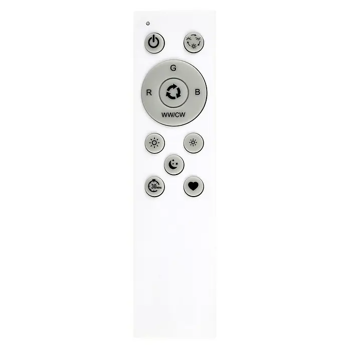Tween Light LED-Panel CCT-RC-DIM - 32,5 W, L x B x H: 120 x 30 x 5 cm - Nahaufnahme einer weißen Fernbedienung mit mehreren Tasten zur Steuerung verschiedener Funktionen, wie z.B. Ein/Aus, RGB-Farben und Helligkeit.