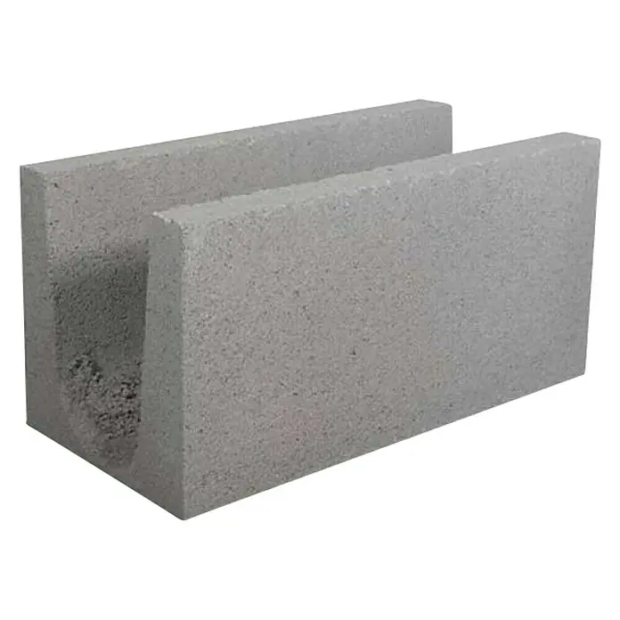 BHS Madrid Bloque de hormigón poroso zuncho - 40 x 20 x 20 cm, Gris, Hormigón - Primer plano de un bloque de hormigón gris en forma de U, adecuado para proyectos de construcción. El producto es robusto y duradero.