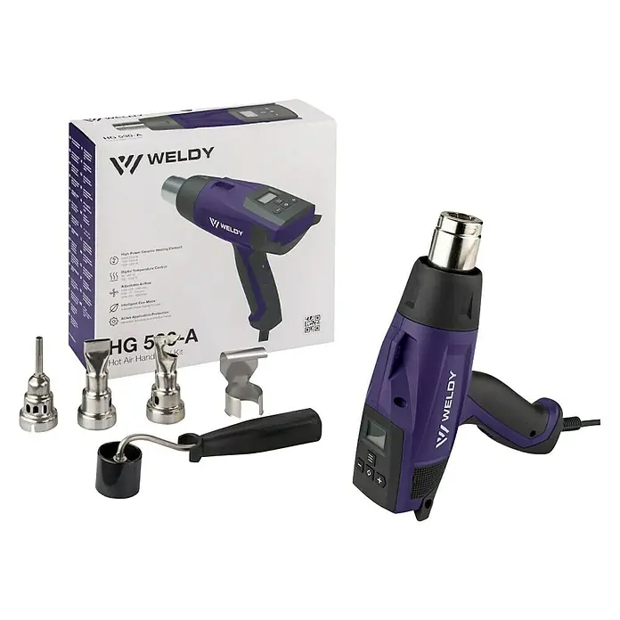 Weldy Heißluftgebläse HG 530-A - 2.300 W, Temperaturbereich: 80 °C - 650 °C - Ein Weldly HG 500-A Heißluftgebläse-Set mit Düsen und Zubehör, ideal für verschiedene Anwendungen.