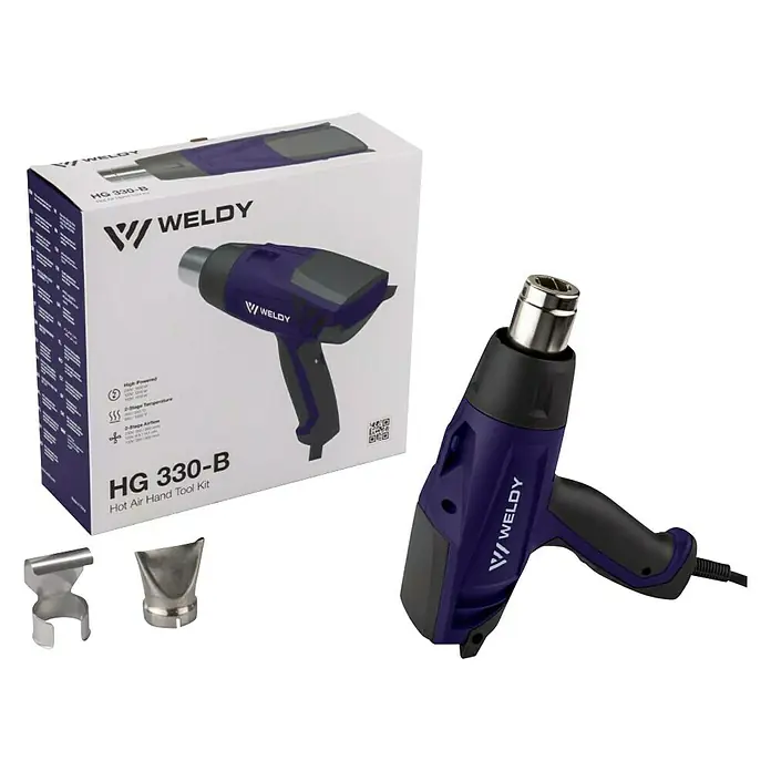 Weldy Heißluftgebläse HG 330-B - 1.600 W, Temperaturbereich: 350 °C - 550 °C - Das HG 330-B Heißluft-Handgerät-Set von Weldy, präsentiert mit Zubehör und der Produktverpackung.