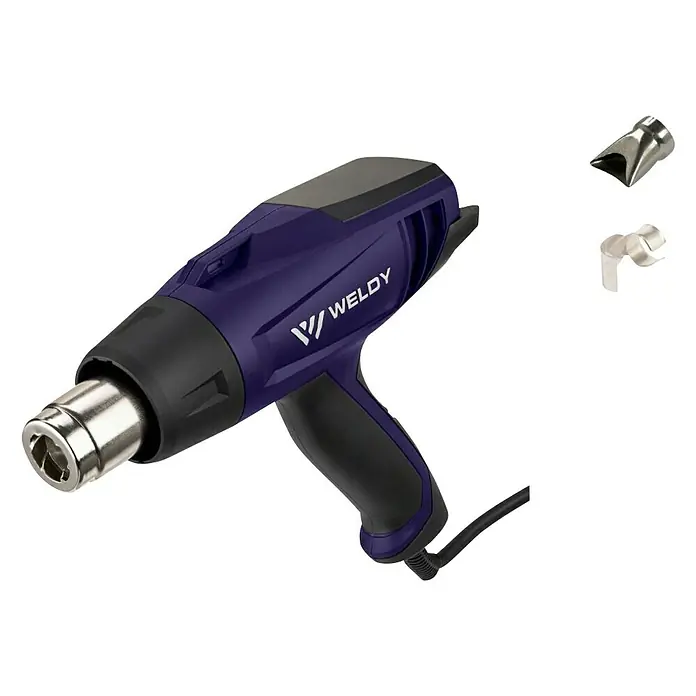 Weldy Heißluftgebläse HG 330-B - 1.600 W, Temperaturbereich: 350 °C - 550 °C - Abbildung einer Weldly Heißluftpistole mit Aufsätzen, ideal für Heimwerker und professionelle Anwendungen.