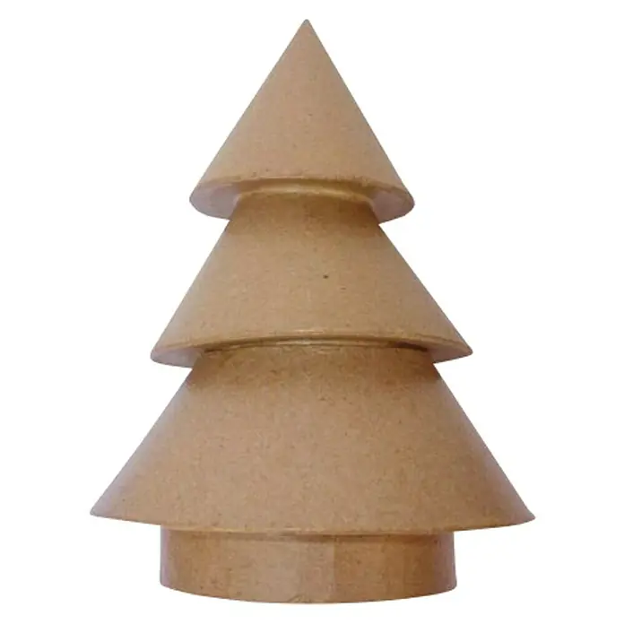 Décopatch Pieza decorativa - Cartón, 14 x 18 cm - Imagen de una escultura decorativa de árbol de Navidad de tres niveles hecha de madera beige sobre un fondo negro.