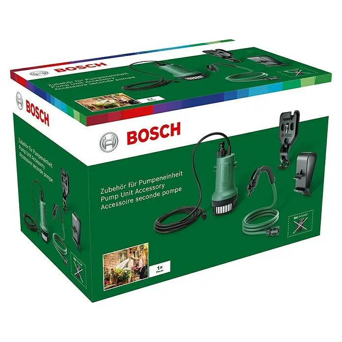 Bosch Power for All 18V Akku-Regenfasspumpe GardenPump 18V-2000 - 18 V, 1 Akku, Max. Fördermenge: 2.000 l/h - Kartonverpackung für ein Bosch Pumpen-Set-Zubehör mit Pumpe, Schlauch und Zubehörteilen, ideal für die Gartenbewässerung.