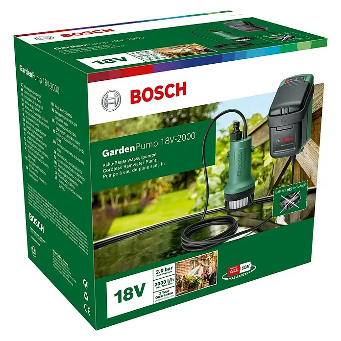Bosch Power for All 18V Akku-Regenfasspumpe GardenPump 18V-2000 - 18 V, Ohne Akku, Max. Fördermenge: 2.000 l/h - Bild der Bosch GardenPump 18V-2000 Akku-Regenwasserpumpe, ideal für die Gartenbewässerung.