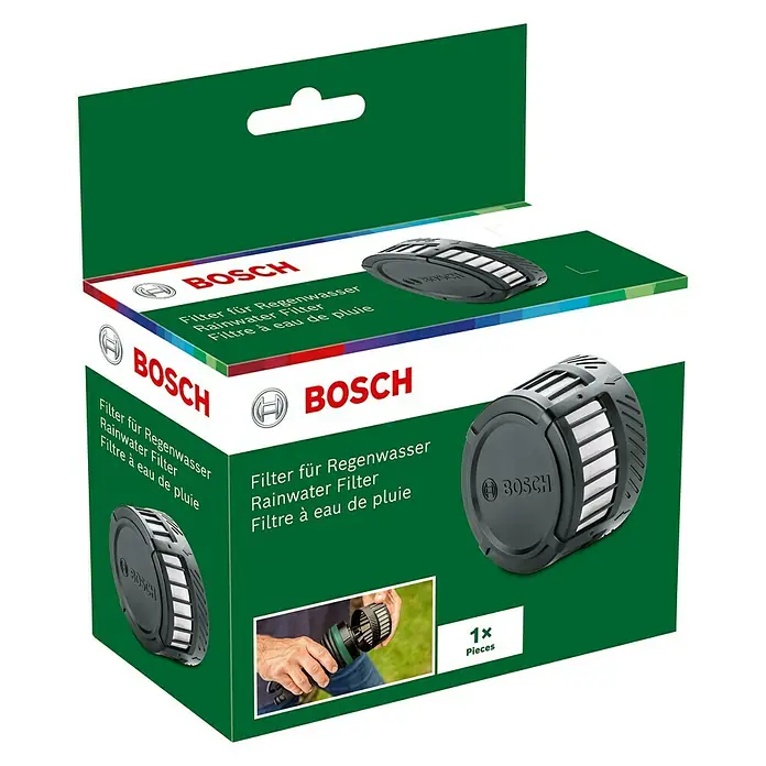 Bosch Power for All 18V Ersatzfilter - Passend für: Bosch Akku-Regenwasserpumpe GardenPump 18 - Produktverpackung eines Bosch Regenwasserfilters mit der Aufschrift "Filter für Regenwasser, Rainwater Filter, Filtre à eau de pluie".