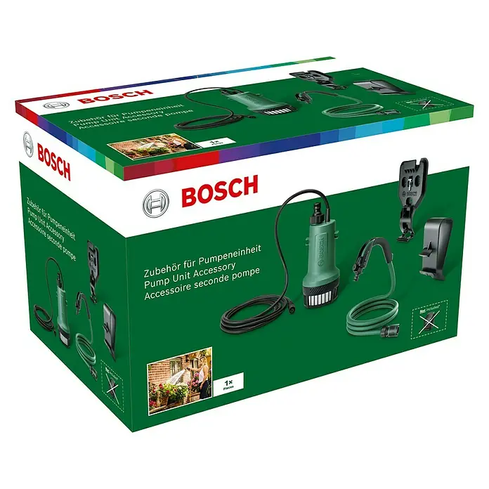 Bosch Power for All 18V Erweiterungs-Set GardenPump 18 - Max. Fördermenge: 2.000 l/h - Bild einer Verpackung für Bosch Pumpenzubehör. Enthält eine Pumpe, Schläuche und Befestigungen für eine einfache Installation.